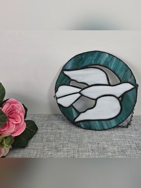 Vintage Dove Circular Stained‎ Glass Panel Suncatcher 7" Teal White